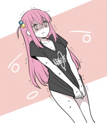 Rule 34 | 1girl, 6 9, bags under eyes, bocchi the rock!, breasts, cleavage, cube hair ornament, empty eyes, gotoh hitori, hair ornament, ito fumi, large breasts, long hair, no pants, pink hair, shaded face, shirt, shirt tug, simple background, solo, sweat, t-shirt