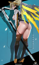 Rule 34 | 1girl, artist name, ass, back, backboob, blonde hair, blue eyes, bodysuit, boots, breasts, from behind, full body, grandia lee, halo, high heel boots, high heels, highres, long hair, looking at viewer, looking back, mechanical halo, mechanical wings, mercy (overwatch), overwatch, overwatch 1, ponytail, shadow, solo, staff, standing, thong, torn bodysuit, torn clothes, underwear, weapon, wings