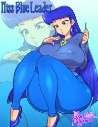 Rule 34 | 1girl, agawa ryou, artist name, ass, blue eyes, blue hair, breasts, earrings, covered erect nipples, female focus, high heels, huge ass, huge breasts, jewelry, legs, long hair, matching hair/eyes, mature female, nail polish, pants, plump, shirt, shoes, sitting, solo, thick thighs, thighs, wide hips
