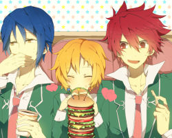 Rule 34 | 10s, 1girl, 2boys, agemaki wako, bad id, bad pixiv id, blonde hair, blue hair, burger, closed eyes, covering face, covering own mouth, covering privates, cup, drink, eating, food, food on face, french fries, heart, holding, looking away, multiple boys, necktie, red eyes, red hair, school uniform, shigure wasa, shindou sugata, short hair, star (symbol), star driver, starry background, sweatdrop, tsunashi takuto, ws (pixiv), yellow eyes