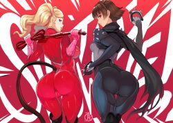 Rule 34 | 2girls, arms behind back, ass, black scarf, blonde hair, blue eyes, braid, brass knuckles, breasts, brown hair, cameltoe, catsuit, cropped legs, crown braid, from behind, full body, gloves, highres, huge ass, medium breasts, multiple girls, niijima makoto, over shoulder, persona, persona 5, pink gloves, red background, red eyes, revolverwing, scarf, short hair, shoulder spikes, skin tight, spikes, takamaki anne, tongue, tongue out, twintails, weapon, weapon over shoulder, whip