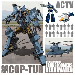 Rule 34 | aircraft, arm cannon, chain gun, character name, commentary, cop-tur, english commentary, gobots, helicopter, highres, kamitoge supino, mecha, military, multiple views, no humans, one-eyed, open hands, orange eyes, pointing, propeller, red eyes, redesign, robot, silhouette, transformers, weapon