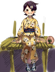 Rule 34 | 1girl, arm support, arms at sides, black hair, blue sash, brown eyes, closed mouth, dock, dot nose, fingernails, flat chest, floral print, flower, full body, fuura kafuka, gogo/tad, hair flower, hair ornament, happy, japanese clothes, kimono, leaf print, light blush, looking at viewer, mosquito coil, obi, okobo, sandals, sash, sayonara zetsubou sensei, short hair, simple background, sitting, smile, socks, solo, tabi, tareme, very short hair, white background, white flower, white socks, yellow kimono