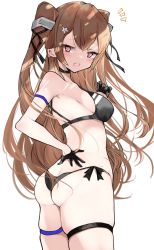 Rule 34 | 1girl, ^^^, ass, bikini, black bikini, black gloves, breasts, brown eyes, chigasaki yukari, commentary request, cowboy shot, fang, gloves, half gloves, highres, johnston (kancolle), kantai collection, light brown hair, long hair, looking at viewer, medium breasts, side-tie bikini bottom, simple background, skin fang, solo, standing, swimsuit, two side up, white background