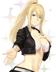 Rule 34 | 1girl, alternate costume, bikini, bikini top only, bikini under clothes, black choker, blonde hair, blue eyes, breasts, buckle, choker, cleavage, closed mouth, coat, female focus, front-tie bikini top, front-tie top, hair over one eye, hand on own chest, high ponytail, j@ck, jacket, large breasts, long hair, looking at viewer, metroid, mole, mole under mouth, navel, nintendo, open clothes, open coat, open jacket, outstretched arm, ponytail, revealing clothes, ribbon, samus aran, short sleeves, sidelocks, smile, solo, sparkle background, stomach, swept bangs, swimsuit, underboob, upper body, white background, white bikini, white ribbon