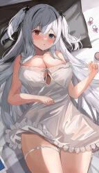Rule 34 | 1girl, absurdres, azur lane, blue eyes, blush, breasts, cleavage, clothing cutout, dress, earrings, elbing (azur lane), elbing (sleepless night&#039;s wishes) (azur lane), grey hair, heart, heart earrings, heterochromia, highres, jewelry, lace, lace-trimmed dress, lace trim, large breasts, long hair, looking at viewer, lying, nightgown, official alternate costume, on back, on bed, pillow, red eyes, solo, thigh strap, two side up, underboob cutout, watage tanpopo, white nightgown