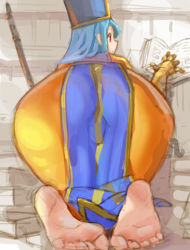 Rule 34 | 1girl, ass, ass focus, barefoot, bent over, bodysuit, book, commentary request, dragon quest, dragon quest iii, feet, from behind, hat, kazo (kazozakazo), mitre, orange bodysuit, priest (dq3), red eyes, soles, solo, toes