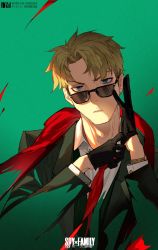 Rule 34 | 1boy, black gloves, blonde hair, blue eyes, dm (dai miao), eyebrows hidden by hair, formal, gloves, green background, highres, looking at viewer, necktie, putting on gloves, short hair, simple background, solo, spy x family, suit, sunglasses, twilight, twilight (spy x family), upper body, watch