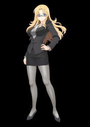 Rule 34 | 1girl, absurdres, black background, blonde hair, blue eyes, blush, breasts, business suit, cross, cross necklace, earrings, feet, formal, glasses, hand on own hip, high heels, highres, jewelry, large breasts, legs, long hair, looking at viewer, necklace, nightmare express, pantyhose, simple background, skirt, solo, standing, suit, thighs
