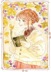 Rule 34 | 1girl, arched bangs, blush, book, brown eyes, brown hair, highres, holding, leaf, long sleeves, oniheya 53, open book, open mouth, original, painting (medium), short hair, skirt, solo, sweater, traditional media, upper body, watercolor (medium)