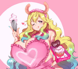 Rule 34 | 1girl, apron, blonde hair, breasts, cleavage, cooking, cream, cupcake, female focus, food, green hair, heart apron, hibikiarts, holding, holding whisk, huge breasts, kobayashi-san chi no maidragon, letter, licking lips, looking at viewer, love letter, lucoa (maidragon), naked apron, one eye closed, pink apron, solo, tongue, tongue out, unusually open eyes, upper body, whisk, wink