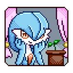 Rule 34 | 1girl, alternate color, animated, blinking, blue hair, border, creatures (company), curtains, female focus, game freak, gardevoir, gen 3 pokemon, hair over one eye, hands on own face, hands up, happy, head rest, looping animation, muguet, nintendo, orange eyes, pixel art, plant, pokemon, pokemon (creature), potted plant, shiny pokemon, short hair, smile, solo, upper body, video, white border