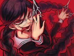 Rule 34 | 10s, 1girl, black hair, braid, danganronpa: trigger happy havoc, danganronpa (series), fukawa toko, genocider shou, glasses, looking at viewer, mole, mole under mouth, panier2, red background, red eyes, sailor collar, school uniform, scissors, simple background, solo, spoilers, tongue, tongue out, twin braids