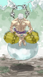 Rule 34 | 1boy, abs, ball, bandana, barefoot, black eyes, blonde hair, bracelet, cloud, drum, earrings, enel, floating, indian style, instrument, jewelry, long earlobes, looking at viewer, male focus, meta gun, mitsudomoe (shape), muscular, one piece, outdoors, own hands clasped, own hands together, pants, sash, scowl, sitting, skypiea, solo, tomoe (symbol), topless male, tree