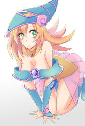 Rule 34 | 1girl, all fours, blonde hair, boots, breasts, cleavage, dark magician girl, duel monster, female focus, green eyes, hat, long hair, solo, sterilizedgauze-qhx, white background, wizard hat, yu-gi-oh!, yuu-gi-ou, yu-gi-oh! duel monsters