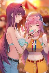 Rule 34 | 2girls, bandeau, belt, bikini, bikini top only, blouse, blue bikini, blurry, blurry background, blush, bracelet, breasts, candy, commentary request, crop top, damda, deal with it (meme), denim, denim skirt, eyewear on head, fate/grand order, fate (series), food, from side, hair intakes, hat, heart, heart-shaped eyewear, ice cream cone, jewelry, large breasts, long hair, medb (fate), meme, multicolored background, multiple girls, navel, necklace, open mouth, pink hair, purple hair, red eyes, ring, scathach (fate), shirt, skirt, sleeveless, strapless, strapless bikini, sunglasses, sunlight, swimsuit, tube top, wristband, yellow eyes, yellow shirt