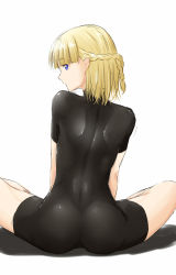 Rule 34 | 1girl, ass, back, blonde hair, blue eyes, blunt bangs, bodysuit, braid, french braid, from behind, highres, indian style, looking at viewer, looking back, niwatazumi, open mouth, original, profile, shadow, shiny clothes, short hair, short sleeves, simple background, sitting, sketch, skin tight, solo, spread legs, turtleneck, unitard, white background
