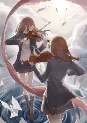 Rule 34 | 2girls, back, black legwear, bow, bowtie, candy (pixiv15231759), closed eyes, cloud, highres, holding, holding instrument, holding violin, instrument, multiple girls, music, original, paper, playing instrument, ribbon, school uniform, skirt, standing, standing on liquid, sunlight, thighhighs, violin, water surface, wind