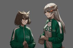 Rule 34 | 2girls, arknights, brown hair, cheogtanbyeong, commentary request, dragon horns, earclip, feather hair, glasses, green jacket, grey background, highres, horns, jacket, korean commentary, long hair, long sleeves, looking at another, multiple girls, open mouth, orange eyes, photo-referenced, saria (arknights), shirt, short hair, silence (arknights), silver hair, squid game, sweatdrop, track jacket, upper body, white shirt