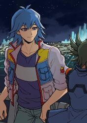 Rule 34 | 2boys, absurdres, against railing, black hair, blue hair, blue jacket, blue shirt, bruno (yu-gi-oh!), city, cityscape, facing away, fudo yusei, high collar, highres, jacket, leaning, looking at another, looking to the side, male focus, multiple boys, night, night sky, open clothes, open jacket, pants, purple eyes, railing, shirt, short hair, shoulder pads, sky, skyline, sleeves rolled up, smile, spiked hair, standing, star (sky), t-shirt, white jacket, youko-shima, yu-gi-oh!, yu-gi-oh! 5d&#039;s