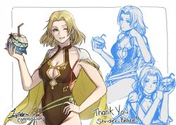 1girl blonde_hair breasts brown_one-piece_swimsuit cleavage cm_lynarc coconut_cup fire_emblem fire_emblem:_the_sacred_stones fire_emblem_heroes grin hand_on_own_hip highres large_breasts looking_at_viewer nintendo official_alternate_costume one-piece_swimsuit one_eye_closed selena_(fire_emblem:_the_sacred_stones) selena_(summer)_(fire_emblem:_the_sacred_stones) short_hair smile solo swimsuit