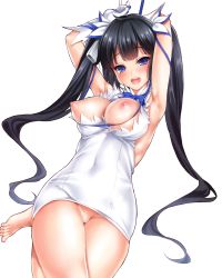 Rule 34 | 10s, 1girl, absurdres, armpits, arms up, bare legs, bare shoulders, barefoot, black hair, blue bow, blue bowtie, blue eyes, blush, bow, bowtie, breasts, breasts out, cle masahiro, covered navel, deep skin, dress, dungeon ni deai wo motomeru no wa machigatteiru darou ka, eyelashes, feet, female focus, hair ribbon, hestia (danmachi), highres, large breasts, long hair, looking at viewer, microdress, nipples, no bra, no panties, open mouth, rei no himo, ribbon, simple background, solo, transparent background, twintails, upskirt, very long hair, white dress, white ribbon
