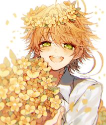 Rule 34 | 1girl, antenna hair, bouquet, collared shirt, emma (yakusoku no neverland), flower, green eyes, head wreath, holding, holding bouquet, long sleeves, looking at viewer, open mouth, orange hair, sapphire (nine), shirt, simple background, smile, solo, white background, white shirt, yakusoku no neverland, yellow flower