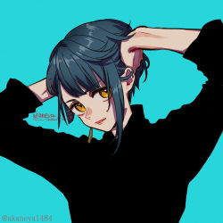 Rule 34 | 1boy, black sweater, blue hair, commentary request, dated, genshin impact, hands on own head, hands up, looking at viewer, male focus, ojo aa, parted lips, short hair, signature, solo, sweater, turtleneck, turtleneck sweater, twitter username, upper body, xingqiu (genshin impact), yellow eyes