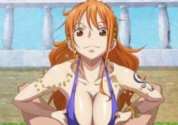 Rule 34 | 1girl, bare arms, bare shoulders, blue dress, bracelet, breasts, breasts squeezed together, brown eyes, cleavage, clothed female nude male, dress, earrings, jewelry, kyabakurabakufu, large breasts, legs, long hair, looking at viewer, lots of jewelry, lying, matching hair/eyes, nami (one piece), nude, one piece, orange eyes, orange hair, paizuri, pov, shiny skin, ship, sleeveless, smile, solo focus, sweat, tattoo, thighs, watercraft