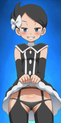 Rule 34 | 1girl, awa, black dress, black hair, black panties, black thighhighs, blue background, blue eyes, blush, bow, bow panties, breasts, cameltoe, clothes lift, cowboy shot, creatures (company), detached collar, detached sleeves, dress, dress lift, female focus, game freak, garter belt, garter straps, gothic lolita, hair bow, hair ornament, half-closed eyes, jpeg artifacts, lifting own clothes, lolita fashion, looking at viewer, marley (pokemon), navel, nintendo, panties, pokemon, pokemon dppt, short hair, simple background, small breasts, smile, solo, standing, teeth, thighhighs, underwear, white bow
