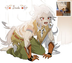 Rule 34 | 1boy, all fours, bandages, barefoot, brown gloves, commentary, english commentary, english text, fangs, full body, genshin impact, gloves, green pants, grey hair, hair between eyes, hand on own hip, hands on ground, highres, hood, hood up, jewelry, kyaoni, long hair, male focus, navel, necklace, open mouth, pants, photo-referenced, razor (genshin impact), red eyes, reference inset, scar, sharp teeth, sidelocks, simple background, sitting, solo, teeth, tongue, tongue out, white background, white curtains