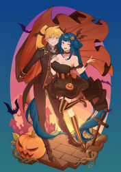 Rule 34 | 1boy, 1girl, bare shoulders, bat wings, black choker, black dress, blonde hair, blue background, blue eyes, blue hair, breasts, cape, choker, cleavage, collarbone, couple, cross, dizzy (guilty gear), dress, formal, full body, guilty gear, guilty gear xrd, hair ornament, hair rings, halloween, halloween costume, highres, husband and wife, kuangren k, ky kiske, large breasts, long hair, looking at viewer, necktie, one eye closed, open mouth, ponytail, pumpkin, red eyes, sidelocks, smile, striped clothes, striped thighhighs, suit, thighhighs, twintails, vampire, wings