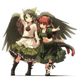 Rule 34 | 2girls, adapted costume, animal ears, arm up, belt, black belt, black bow, black eyes, black footwear, black hair, black ribbon, black vest, black wings, blunt bangs, bow, braid, breasts, cat ears, cat tail, cleavage, collarbone, fang, feathered wings, flying sweatdrops, frilled skirt, frills, full body, green skirt, hair bow, highres, holding hands, interlocked fingers, jewelry, kaenbyou rin, leg ribbon, long hair, medium breasts, midriff, multiple girls, multiple tails, navel, necklace, pointing, red eyes, red hair, reiuji utsuho, ribbon, shirt, short sleeves, simple background, skin fang, skirt, smile, standing, tail, touhou, twin braids, two tails, vest, white background, white shirt, wings, yudepii