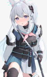 Rule 34 | 1girl, absurdres, adjusting clothes, animal ears, black bow, black gloves, blue archive, blue serafuku, blue skirt, blush, bow, detached sleeves, earpiece, fake animal ears, gloves, gun, hair bow, halo, highres, knee pads, knife sheath, knife sheath, long hair, long sleeves, looking at viewer, miyako (blue archive), neckerchief, nokke o, one side up, parted lips, pink gloves, pink neckerchief, bulletproof vest, pleated skirt, pouch, purple eyes, rabbit ears, sailor collar, school uniform, serafuku, sheath, shoulder pads, simple background, skirt, solo, submachine gun, suomi kp/-31, sweat, tactical clothes, two-tone gloves, two-tone skirt, weapon, weapon on back, white background, white hair, white sailor collar, white skirt