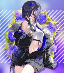 Rule 34 | 1girl, bare shoulders, black hair, black jacket, black skirt, breasts, buttons, collared shirt, crop top, crop top overhang, cropped, dress shirt, flower, fur collar, gun, handgun, holding, holding gun, holding weapon, ichinose uruha, izumi sai, jacket, long hair, long sleeves, looking at viewer, lupinus virtual games, medium breasts, midriff, miniskirt, multicolored hair, navel, off shoulder, official alternate costume, open clothes, open jacket, pleated skirt, purple flower, red eyes, rose, second-party source, shirt, skirt, sleeveless, sleeveless shirt, solo, stomach, streaked hair, suspenders, thighs, trigger discipline, undershirt, virtual youtuber, vspo!, weapon, white shirt