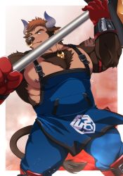 Rule 34 | 1boy, :p, another eidos-r, apron, arm tattoo, armband, bara, bare pectorals, biceps, black eyes, boots, brown fur, furry, furry male, gloves, hammer, highres, horns, jewelry, large pectorals, male focus, mature male, muscular, muscular male, necklace, nipple piercing, nipples, nose piercing, nose ring, pants, pectorals, piercing, solo, tattoo, thick arms, thick eyebrows, thick thighs, thighs, tongue, tongue out, volund (another eidos), weapon, yanai inaya