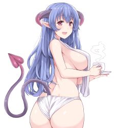Rule 34 | 1girl, amane hasuhito, ass, bad id, bad pixiv id, blue hair, blush, breasts, cup, demon girl, demon horns, demon tail, horns, large breasts, long hair, looking at viewer, looking back, open mouth, original, panties, pointy ears, purple eyes, saucer, simple background, smile, solo, demon girl, tail, teacup, underwear, white background, white panties