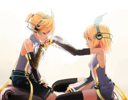 Rule 34 | 1boy, 1girl, aqua nails, backlighting, bare shoulders, belt, black shorts, black sleeves, blonde hair, bodysuit, bow, brother and sister, closed eyes, commentary, d futagosaikyou, detached sleeves, from side, grey shorts, hair bow, headphones, highres, kagamine len, kagamine len (append), kagamine rin, kagamine rin (append), kiss, kissing hand, leg warmers, looking at another, nail polish, protected link, see-through, see-through sleeves, seiza, short hair, short ponytail, shorts, siblings, sitting, speaker, spiked hair, taking another&#039;s hand, vocaloid, vocaloid append, white bodysuit, white bow