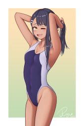 Rule 34 | 1girl, absurdres, arms behind head, black hair, blue one-piece swimsuit, breasts, competition swimsuit, cowboy shot, dark-skinned female, dark skin, fang, hair ornament, hairclip, highres, ijiranaide nagatoro-san, long hair, looking at viewer, nagatoro hayase, one-piece swimsuit, one-piece tan, one eye closed, ryze (funtryze), skin fang, small breasts, smile, solo, swimsuit, tan, tanline, yellow eyes