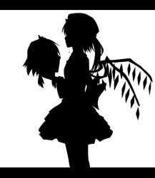 Rule 34 | 2girls, back bow, bow, braid, cowboy shot, crying, disembodied head, flandre scarlet, from side, greyscale, guro, hat, holding head, izayoi sakuya, large bow, letterboxed, medium hair, mob cap, monochrome, multiple girls, one side up, silhouette, skirt, stc, touhou, twin braids, wings