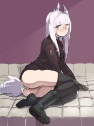 Rule 34 | 1girl, animal ears, ass, bad id, bad pixiv id, black thighhighs, boots, glasses, head wings, heidimarie w. schnaufer, kirusu, long hair, military, military uniform, panties, red eyes, smile, solo, strike witches, tail, thighhighs, underwear, uniform, white hair, white panties, wings, world witches series