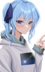 Rule 34 | 1girl, absurdres, blue eyes, blue hair, blue nails, blush, casual, hair ribbon, highres, hololive, hood, hoodie, hoshimachi suisei, looking at viewer, medium hair, nail polish, otsu hai18, parted lips, ribbon, shooting star, side ponytail, simple background, star in mouth, upper body, v, virtual youtuber, white background