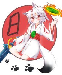 Rule 34 | 1girl, absurdres, amaterasu (ookami), animal ears, blush, face paint, facial mark, highres, japanese clothes, kimono, looking at viewer, multicolored hair, paw print, red eyes, short hair, silver hair, silvy, smile, sword, tail, two-tone hair, weapon, wolf ears