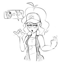 Rule 34 | ahoge, antennae, bare shoulders, beckoning, blush, breasts, caterpie, creatures (company), fellatio gesture, game freak, gen 1 pokemon, greyscale, half-closed eyes, hands up, hat, highres, hilda (pokemon), jacket, looking away, looking to the side, m0n1e, medium breasts, monochrome, nintendo, open mouth, pokemon, pokemon (creature), pokemon bw, pokemon rgby, sexually suggestive, shirt, simple background, sleeveless, teeth, white background