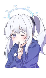 Rule 34 | 1girl, blue archive, blue halo, blue hoodie, blush, grey hair, halo, highres, hood, hood down, hoodie, index finger raised, long hair, long sleeves, looking at viewer, miyako (blue archive), miyako (young) (blue archive), o otomaru, one eye closed, one side up, parted lips, purple eyes, simple background, sketch, solo, upper body, white background