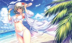 Rule 34 | 10s, 1girl, arms up, bangle, bare shoulders, beach, bikini, blue eyes, blush, bracelet, breasts, brown hair, choker, cleavage, cloud, cloudy sky, collarbone, day, dress, dutch angle, earrings, flower, front-tie top, green eyes, green hair, hands on headwear, hat, hat flower, heterochromia, hibiscus, idolmaster, idolmaster cinderella girls, jewelry, looking at viewer, matching hair/eyes, medium breasts, mole, mole under eye, navel, necklace, ocean, open clothes, open dress, open mouth, outdoors, piromizu, short hair, sky, smile, solo, sun hat, swimsuit, takagaki kaede, white bikini, wind, wind lift