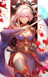 Rule 34 | 1girl, absurdres, asymmetrical hair, black thighhighs, blue eyes, breasts, cleavage, closed mouth, commentary request, detached collar, detached sleeves, earrings, falling leaves, fate/grand order, fate (series), highres, holding, holding sword, holding weapon, japanese clothes, jewelry, katana, kimono, large breasts, leaf, long hair, looking at viewer, magatama, miyamoto musashi (fate), miyamoto musashi (third ascension) (fate), multiple swords, navel, obi, pink hair, ponytail, purple kimono, red sash, saihate (d3), sash, sheath, signature, smile, solo, standing, sword, thighhighs, unsheathed, weapon, wide sleeves
