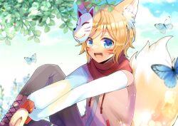 Rule 34 | 1boy, :d, animal, animal ear fluff, animal ears, black pants, blonde hair, blue eyes, blue sky, blush, boots, brown footwear, brown jacket, bug, butterfly, cloud, cloudy sky, commentary request, cross-laced footwear, day, drawstring, facial mark, feet out of frame, fox boy, fox ears, fox mask, fox tail, indie virtual youtuber, insect, jacket, knee up, kou hiyoyo, lace-up boots, long sleeves, looking at viewer, male focus, mask, mask on head, open clothes, open jacket, open mouth, outdoors, pants, puffy long sleeves, puffy sleeves, sky, smile, solo, tail, virtual youtuber, whisker markings, zircrizz