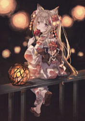 Rule 34 | 1girl, animal ears, arm at side, back bow, black bow, black footwear, blush, bow, brown eyes, brown hair, candy apple, cat ears, cat girl, commentary request, flower, food, from behind, full body, geta, hair flower, hair ornament, holding, holding food, japanese clothes, kimono, lantern, long sleeves, looking at viewer, looking back, obi, on railing, original, oro ponzu, parted lips, print kimono, railing, red flower, sash, sitting, solo, twintails, white kimono, white legwear, wide sleeves, yukata