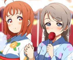 Rule 34 | 10s, 2girls, ahoge, bad id, bad pixiv id, blue eyes, blush, brown hair, candy apple, cotton candy, eating, food, grey hair, highres, holding hands, icehotmilktea, looking at another, looking away, love live!, love live! sunshine!!, multiple girls, orange eyes, short hair, smile, takami chika, watanabe you